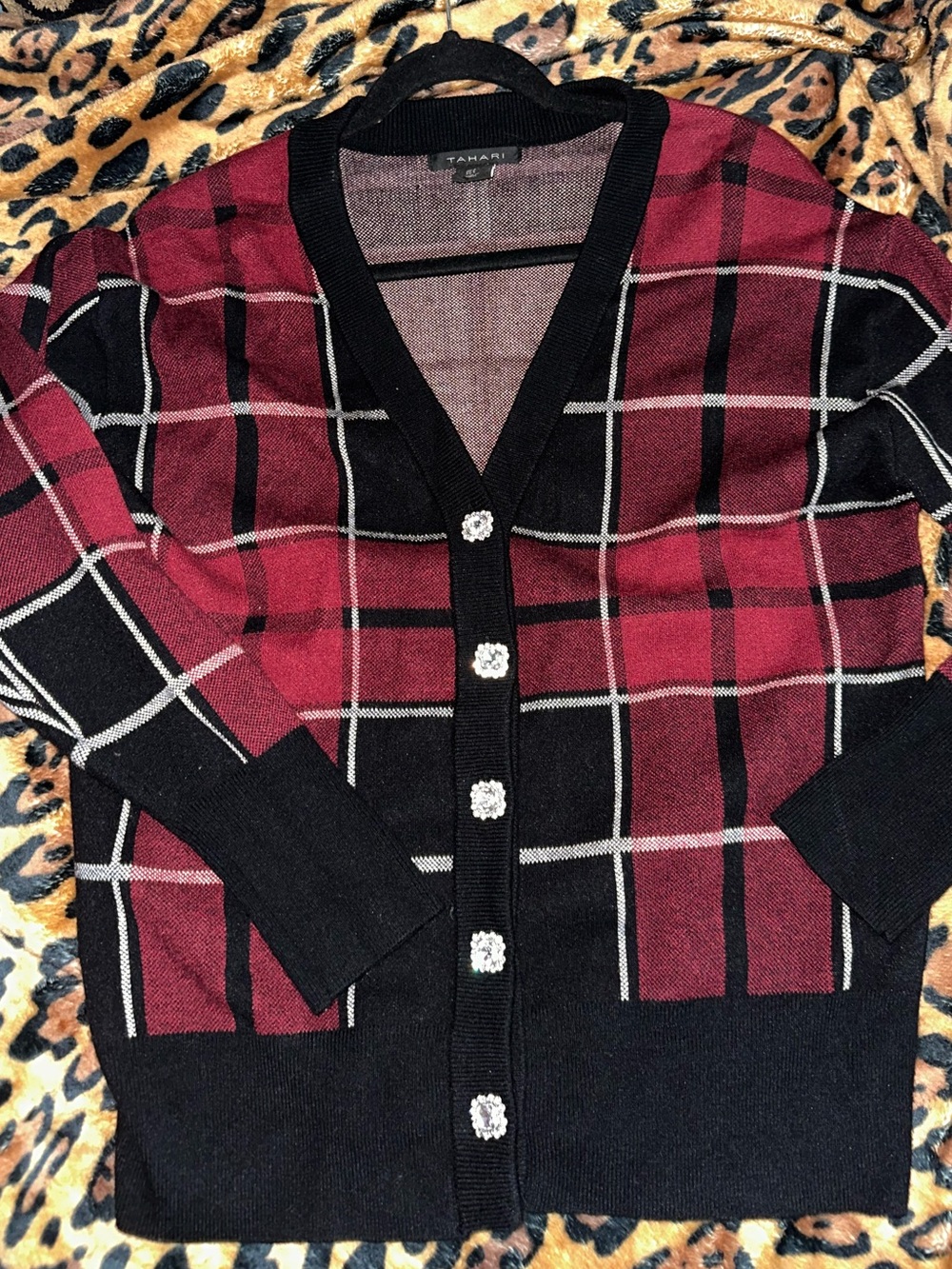 Tahari Red & Black Checkered Cardigan Sz. S